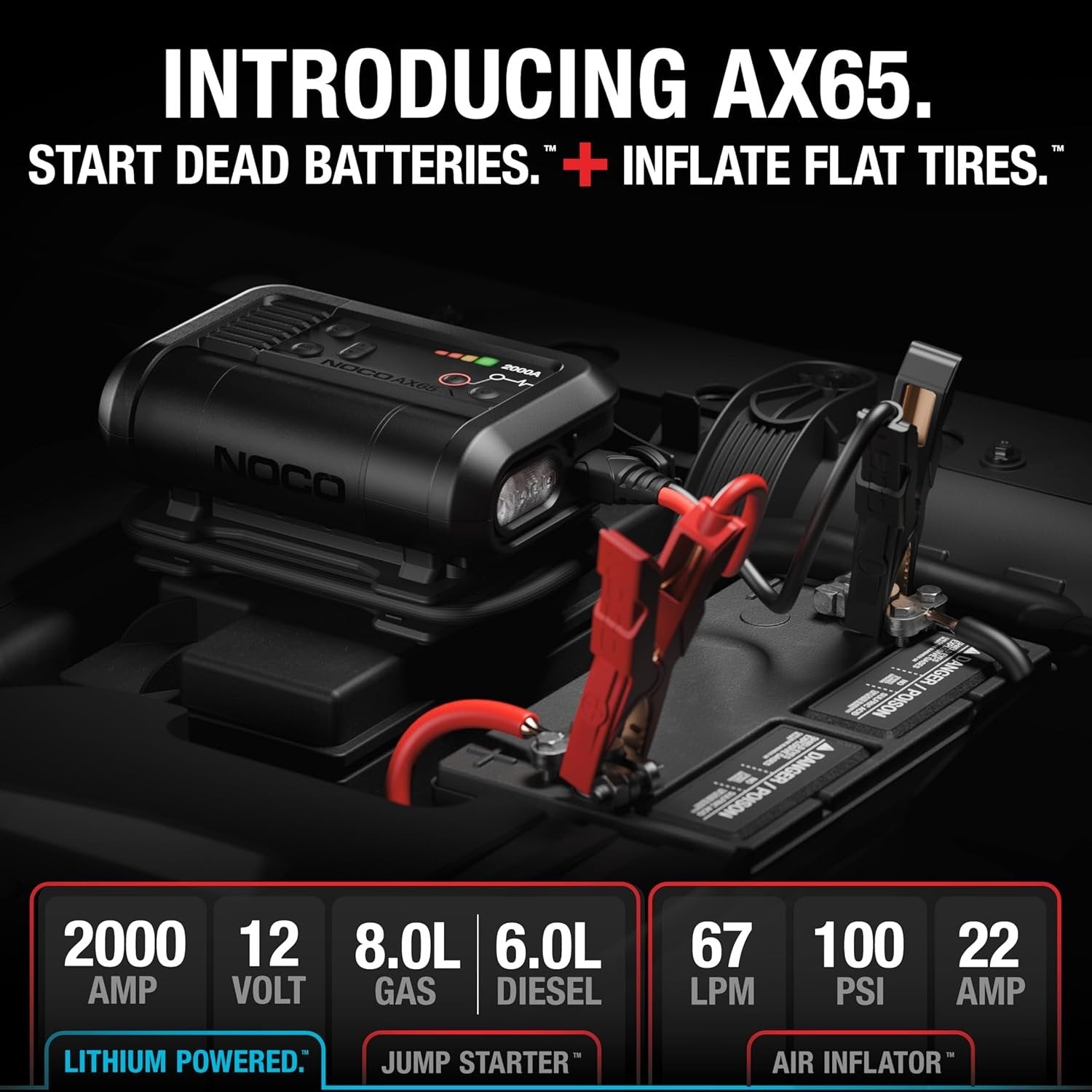 noco boost+air ax65: 2000a jump starter with air compressor tire inflator, starts 8.0l gas & 6.0l diesel, 67 slpm airflow inflates 0–40 psi in 2 minutes noco boost+air ax65: 2000a jump starter with air compressor tire inflator, starts 8.0l gas & 6.0l diesel, 67 slpm airflow inflates 0–40 psi in 2 minutes