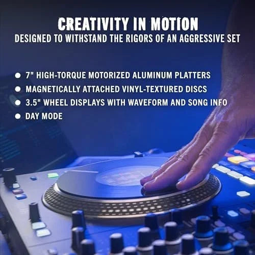 rane performer 4 channel motorized dj controller, 7″ platters with displays, precisions feel faders, stem split, advanced fx, serato dj pro includeds rane performer 4 channel motorized dj controller, 7″ platters with displays, precisions feel faders, stem split, advanced fx, serato dj pro includeds