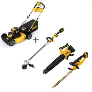 dewalt 20v max 21.5 in walk behind lawn mower kit, hedge trimmer kit, string trimmer & leaf blower
