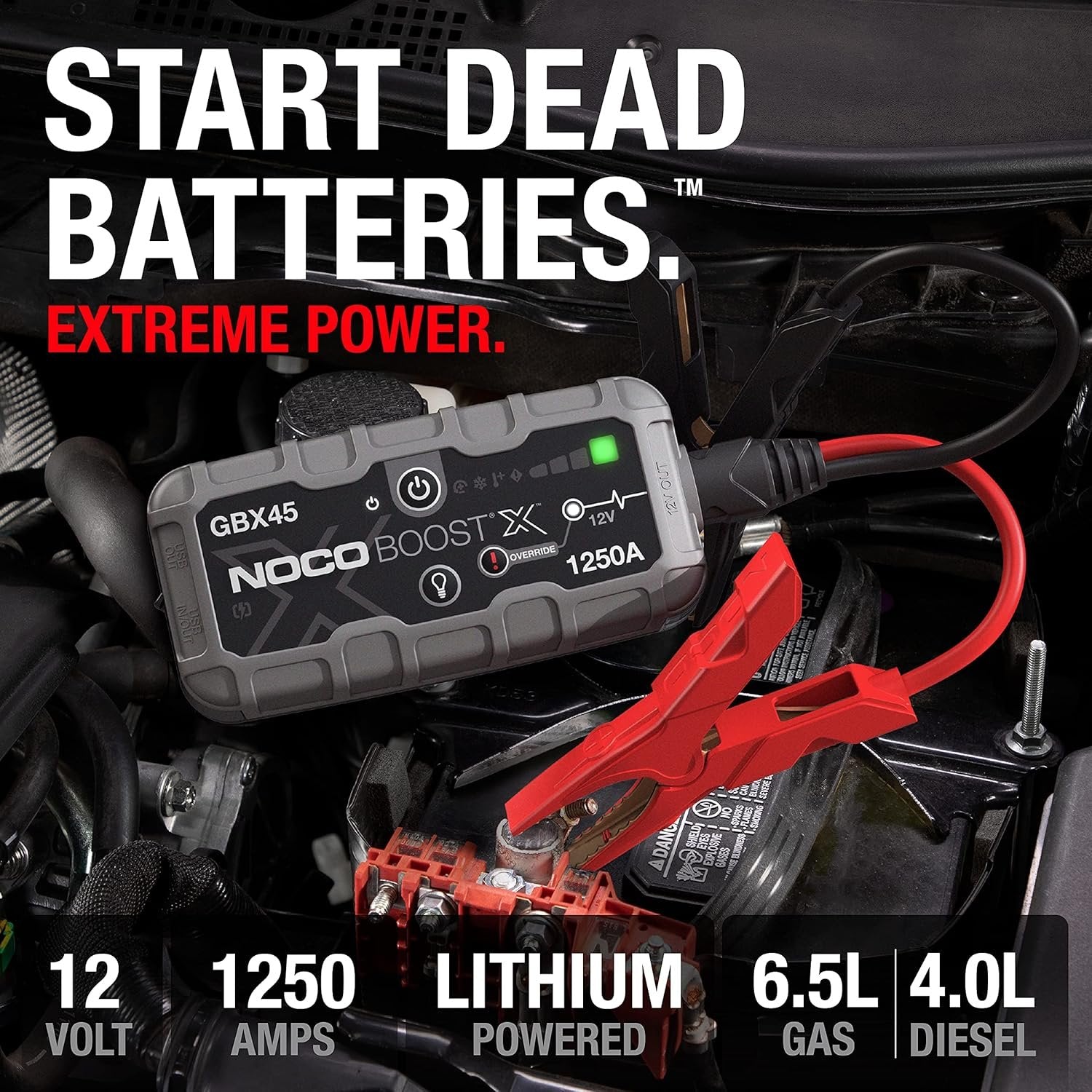 noco boost x gbx45: 1250a ultrasafe jump starter, 12v lithium battery booster pack, portable jump box, power bank & jumper cables, for 6.5l gas and 4.0l diesel engines noco boost x gbx45: 1250a ultrasafe jump starter, 12v lithium battery booster pack, portable jump box, power bank & jumper cables, for 6.5l gas and 4.0l diesel engines