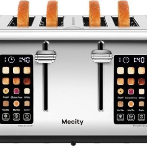 mecity 4 slice toaster with touchscreen control, 4 wide slots, stainless steel, dual control panel, timer, defrost & reheat functions, 120v 1650w