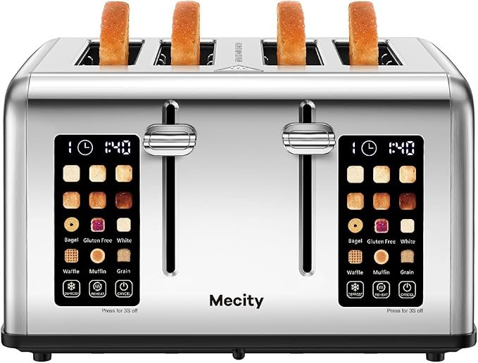 mecity 4 slice toaster with touchscreen control, 4 wide slots, stainless steel, dual control panel, timer, defrost & reheat functions, 120v 1650w mecity 4 slice toaster with touchscreen control, 4 wide slots, stainless steel, dual control panel, timer, defrost & reheat functions, 120v 1650w