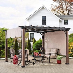 sunjoy 11 x 11 ft metal pergola with adjustable tan garden shades