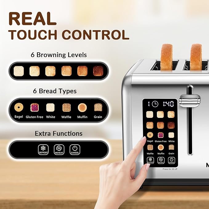 mecity 4 slice toaster with touchscreen control, 4 wide slots, stainless steel, dual control panel, timer, defrost & reheat functions, 120v 1650w mecity 4 slice toaster with touchscreen control, 4 wide slots, stainless steel, dual control panel, timer, defrost & reheat functions, 120v 1650w
