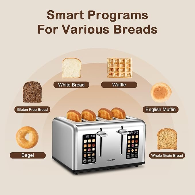 mecity 4 slice toaster with touchscreen control, 4 wide slots, stainless steel, dual control panel, timer, defrost & reheat functions, 120v 1650w mecity 4 slice toaster with touchscreen control, 4 wide slots, stainless steel, dual control panel, timer, defrost & reheat functions, 120v 1650w