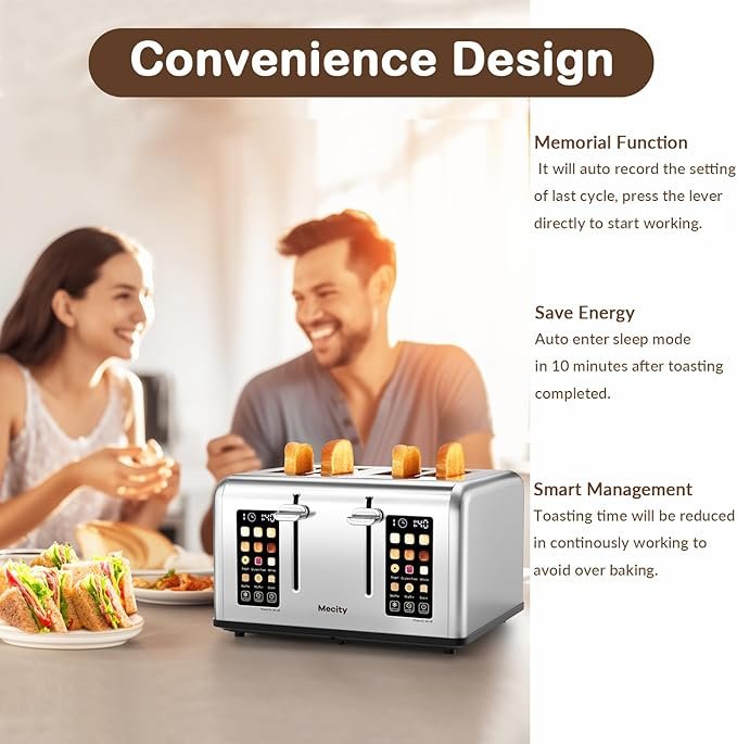 mecity 4 slice toaster with touchscreen control, 4 wide slots, stainless steel, dual control panel, timer, defrost & reheat functions, 120v 1650w mecity 4 slice toaster with touchscreen control, 4 wide slots, stainless steel, dual control panel, timer, defrost & reheat functions, 120v 1650w