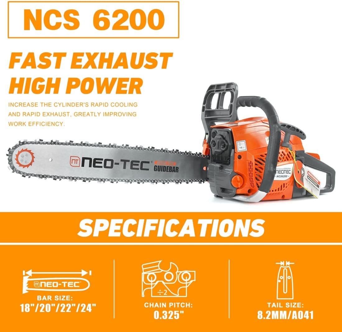 neo tec 20 inch 62cc gas powered chainsaw 2 cycle petrol 3.5hp handheld reliable motosierra de gasolina for tree pruning, wood cutting, firewood preparation & yard maintenance neo tec 20 inch 62cc gas powered chainsaw 2 cycle petrol 3.5hp handheld reliable motosierra de gasolina for tree pruning, wood cutting, firewood preparation & yard maintenance
