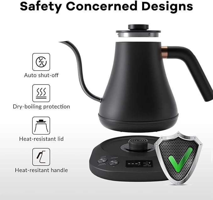 mecity electric gooseneck pour over kettle, ±1°f temperature control, quick heating, auto shut off, 1200w, 0.8l, matte black, barista edition mecity electric gooseneck pour over kettle, ±1°f temperature control, quick heating, auto shut off, 1200w, 0.8l, matte black, barista edition