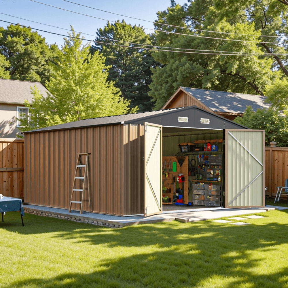 patiowell 10 ft. w x 12 ft. d size upgrade metal storage shed (119 sq. ft.) patiowell 10 ft. w x 12 ft. d size upgrade metal storage shed (119 sq. ft.)