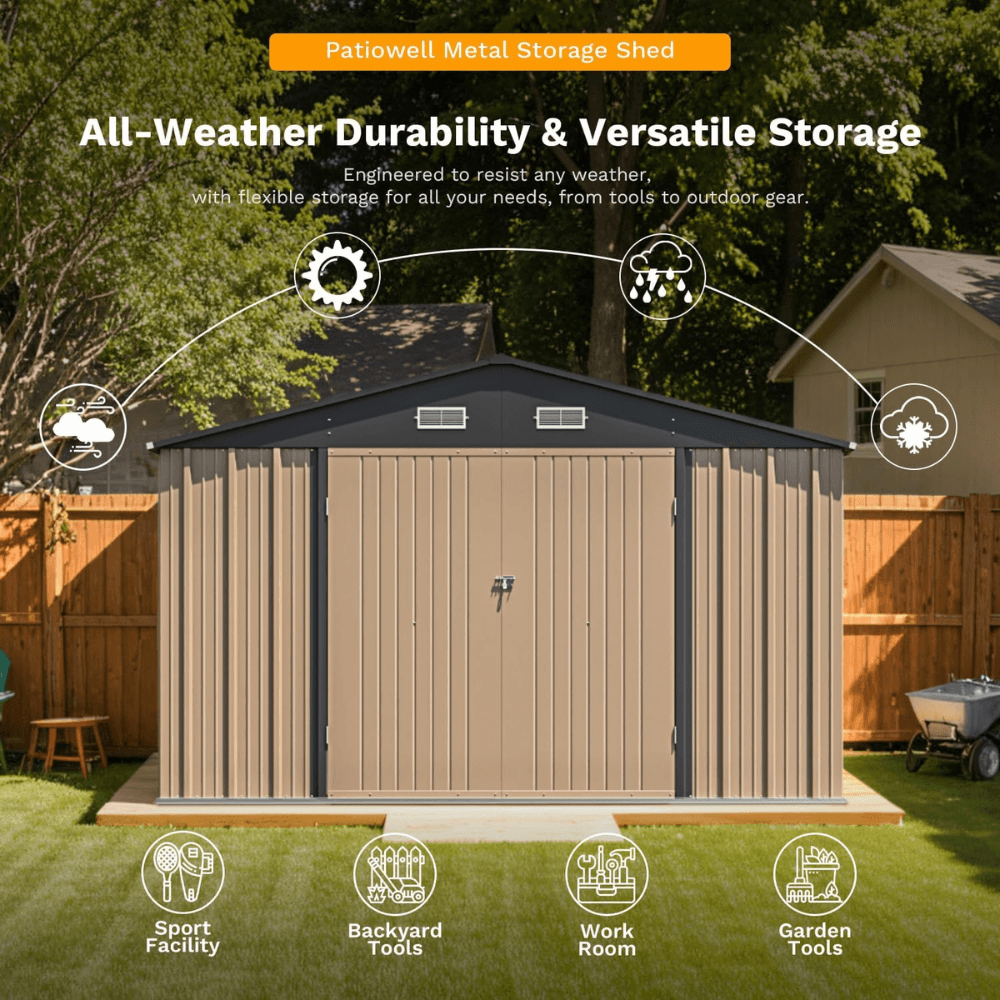 patiowell 10 ft. w x 12 ft. d size upgrade metal storage shed (119 sq. ft.) patiowell 10 ft. w x 12 ft. d size upgrade metal storage shed (119 sq. ft.)