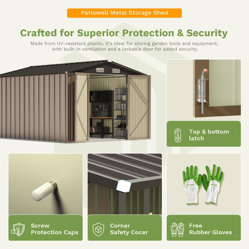 patiowell 10 ft. w x 12 ft. d size upgrade metal storage shed (119 sq. ft.) patiowell 10 ft. w x 12 ft. d size upgrade metal storage shed (119 sq. ft.)