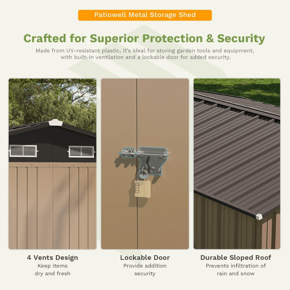 patiowell 10 ft. w x 12 ft. d size upgrade metal storage shed (119 sq. ft.) patiowell 10 ft. w x 12 ft. d size upgrade metal storage shed (119 sq. ft.)