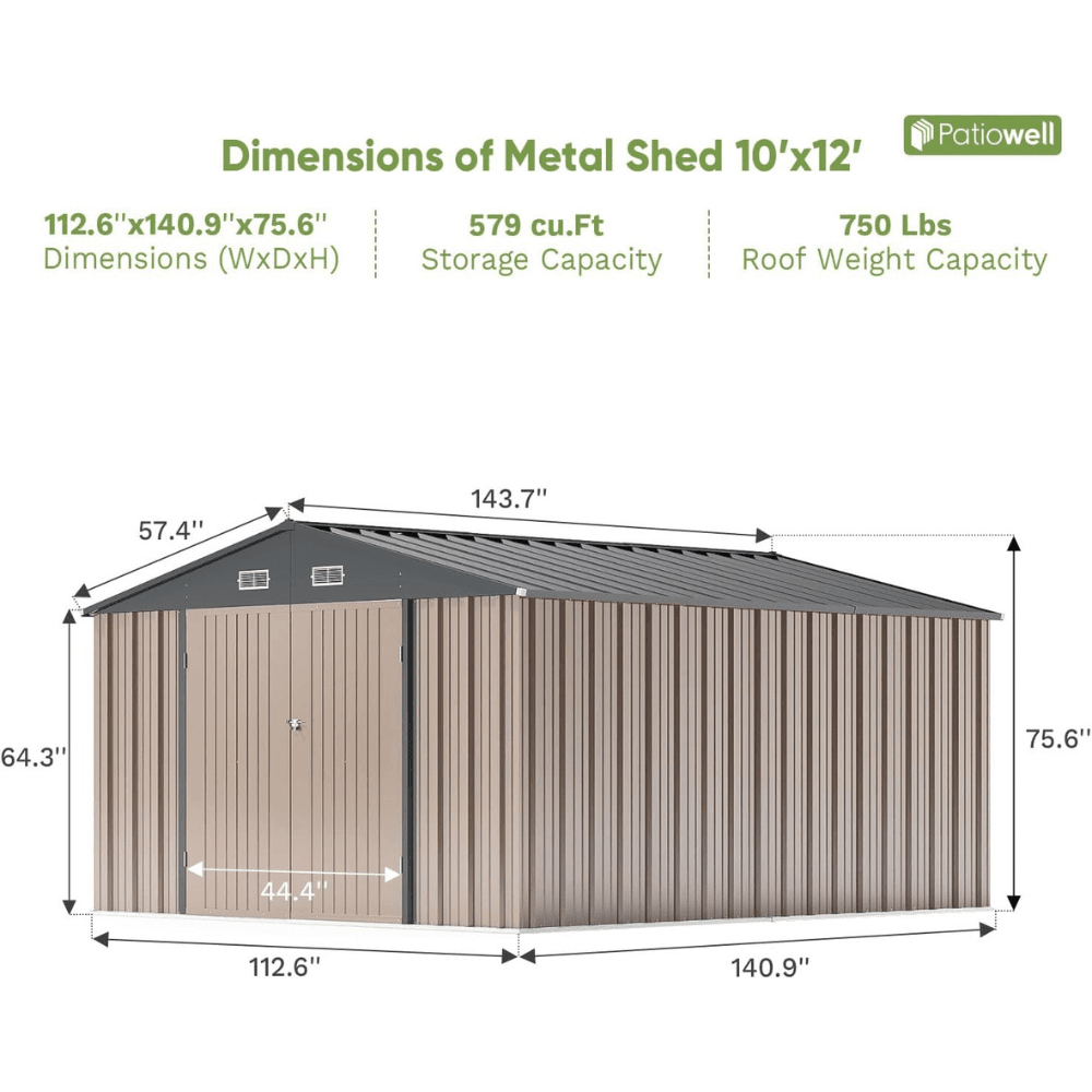 patiowell 10 ft. w x 12 ft. d size upgrade metal storage shed (119 sq. ft.) patiowell 10 ft. w x 12 ft. d size upgrade metal storage shed (119 sq. ft.)