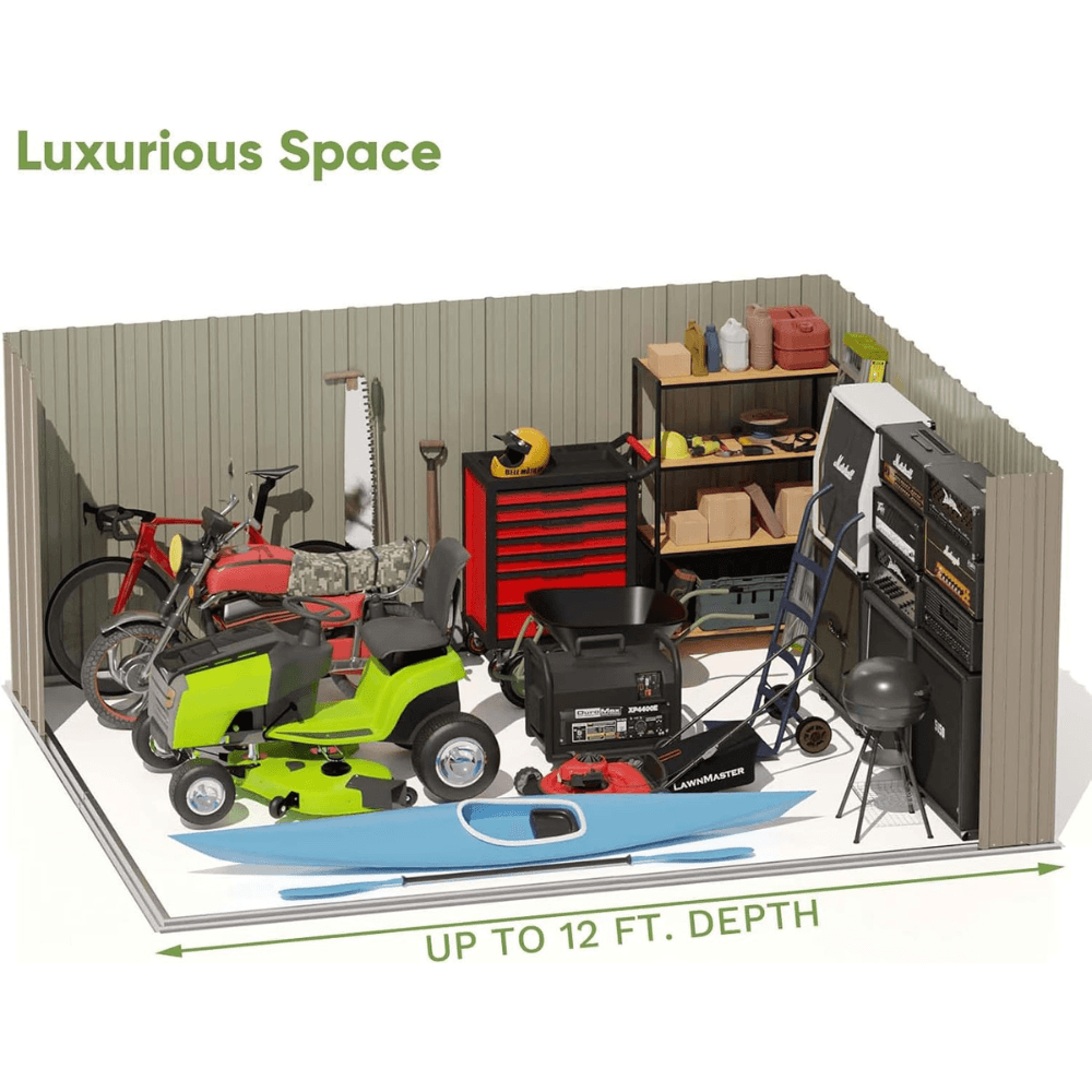 patiowell 10 ft. w x 12 ft. d size upgrade metal storage shed (119 sq. ft.) patiowell 10 ft. w x 12 ft. d size upgrade metal storage shed (119 sq. ft.)