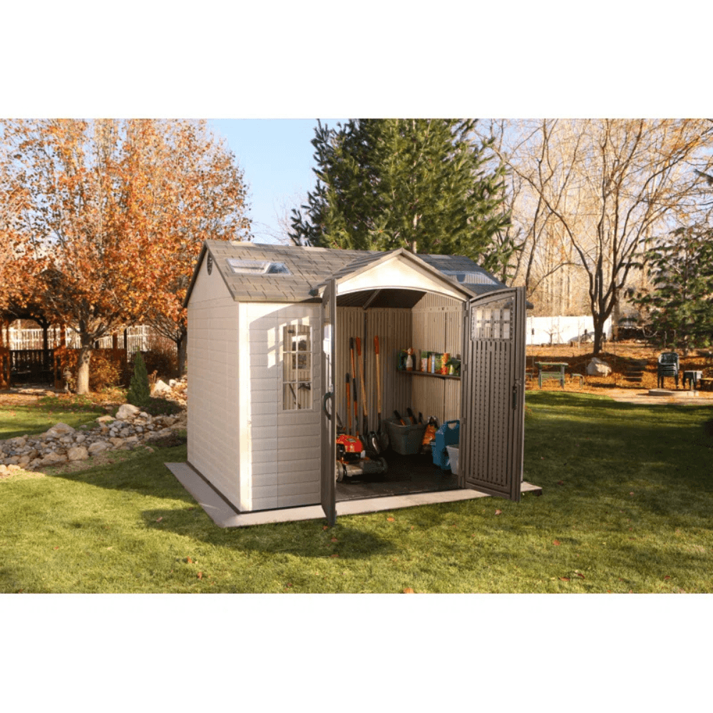 lifetime 10 ft. x 8 ft. high density polyethylene (plastic) outdoor storage shed with steel reinforced construction lifetime 10 ft. x 8 ft. high density polyethylene (plastic) outdoor storage shed with steel reinforced construction