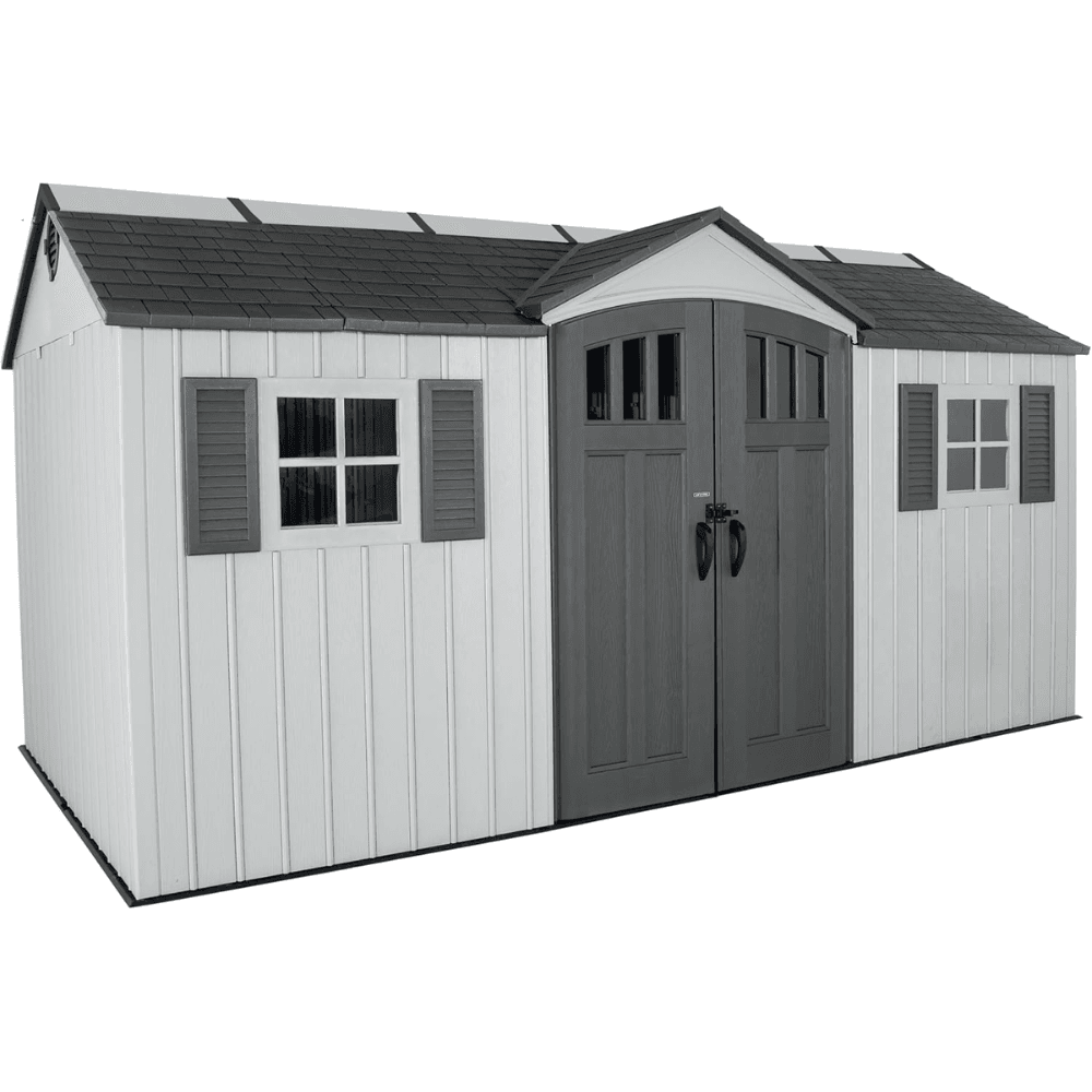 lifetime 15′ x 8′ dual entry outdoor storage shed, gray lifetime 15′ x 8′ dual entry outdoor storage shed, gray