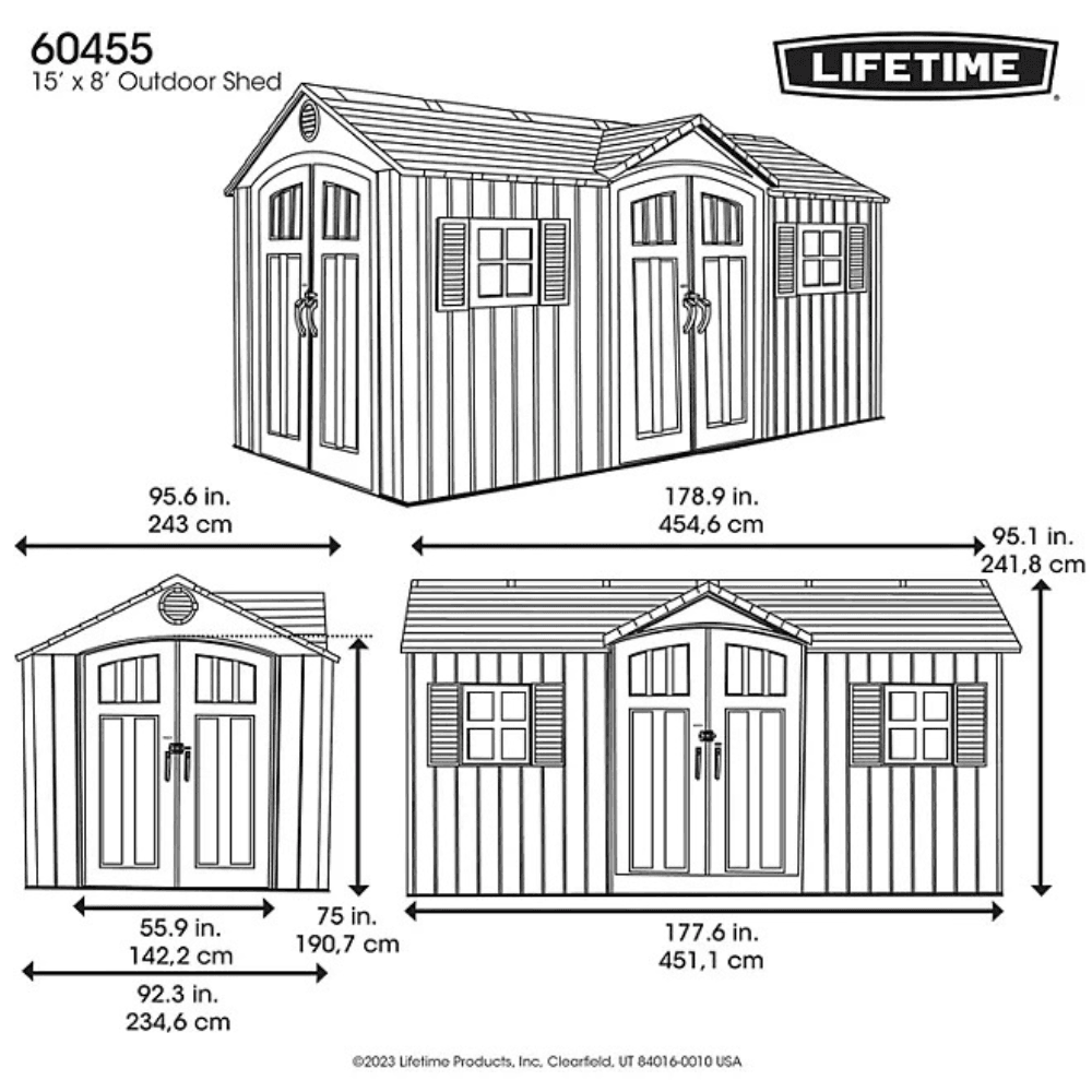 lifetime 15′ x 8′ dual entry outdoor storage shed, gray lifetime 15′ x 8′ dual entry outdoor storage shed, gray