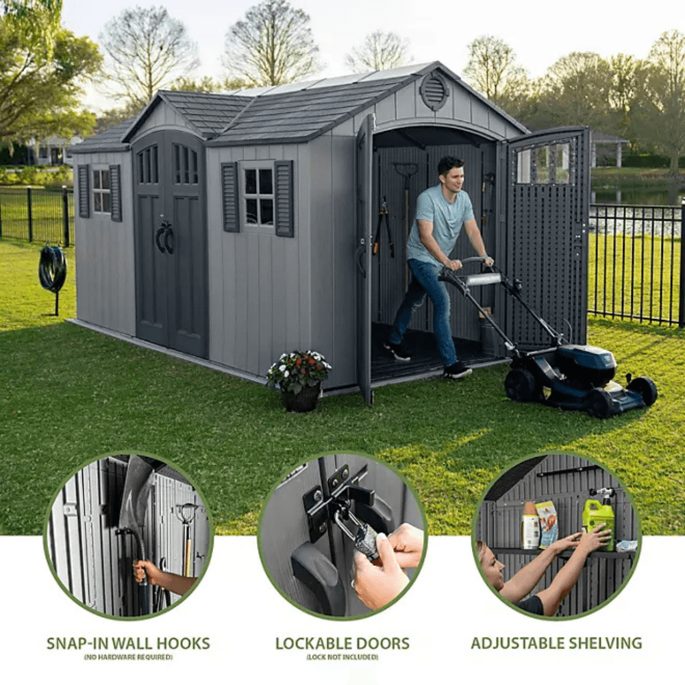 lifetime 15′ x 8′ dual entry outdoor storage shed, gray lifetime 15′ x 8′ dual entry outdoor storage shed, gray