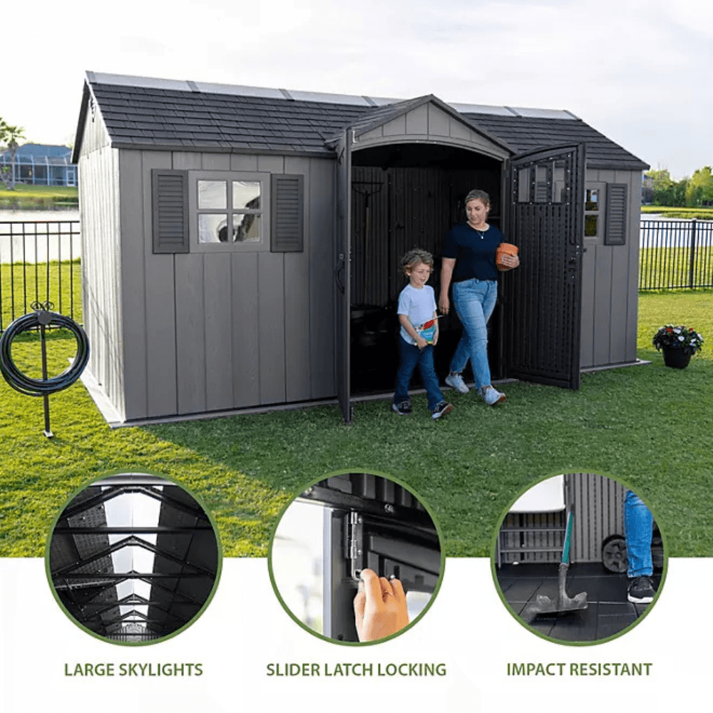 lifetime 15′ x 8′ dual entry outdoor storage shed, gray lifetime 15′ x 8′ dual entry outdoor storage shed, gray