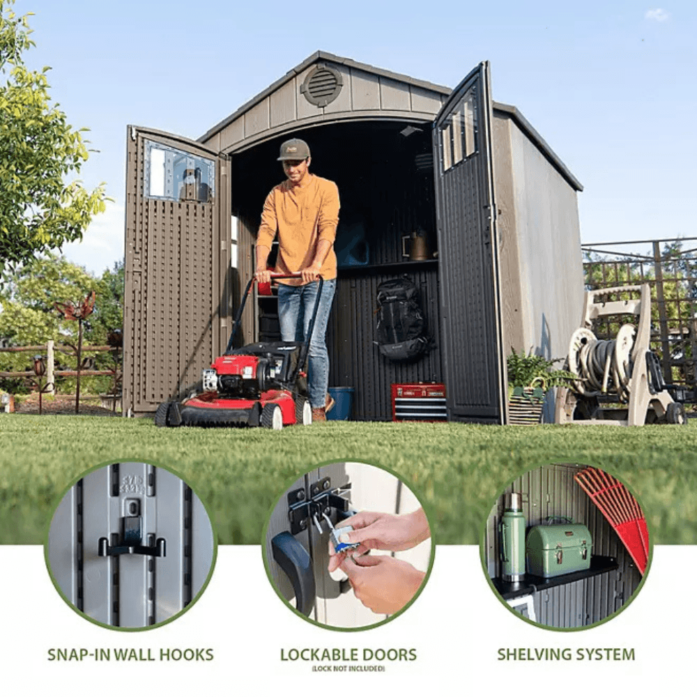 lifetime 8’ x 7.5’ outdoor storage shed, light brown lifetime 8’ x 7.5’ outdoor storage shed, light brown