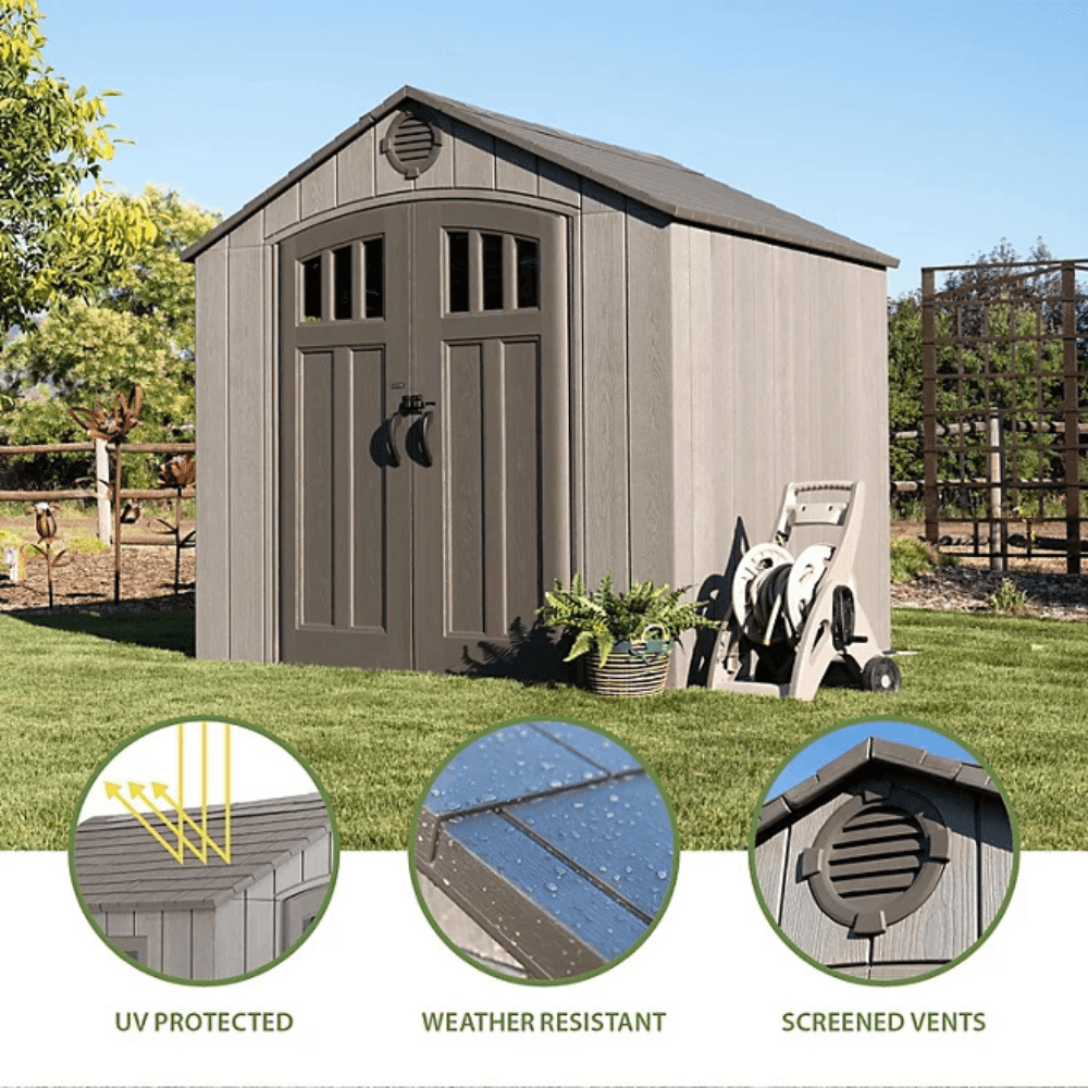 lifetime 8’ x 7.5’ outdoor storage shed, light brown lifetime 8’ x 7.5’ outdoor storage shed, light brown