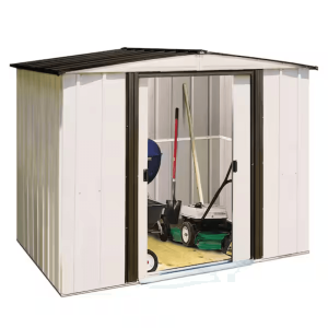 newport 8 ft. w x 6 ft. d 2 tone eggshell and coffee galvanized metal shed with sliding lockable doors (43 sq. ft.)