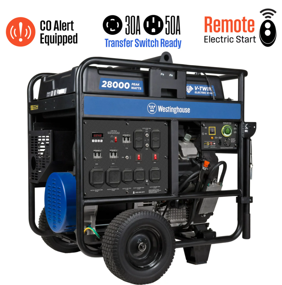 westinghouse 28,000 peak watt home backup portable generator, remote electric start with co sensor westinghouse 28,000 peak watt home backup portable generator, remote electric start with co sensor