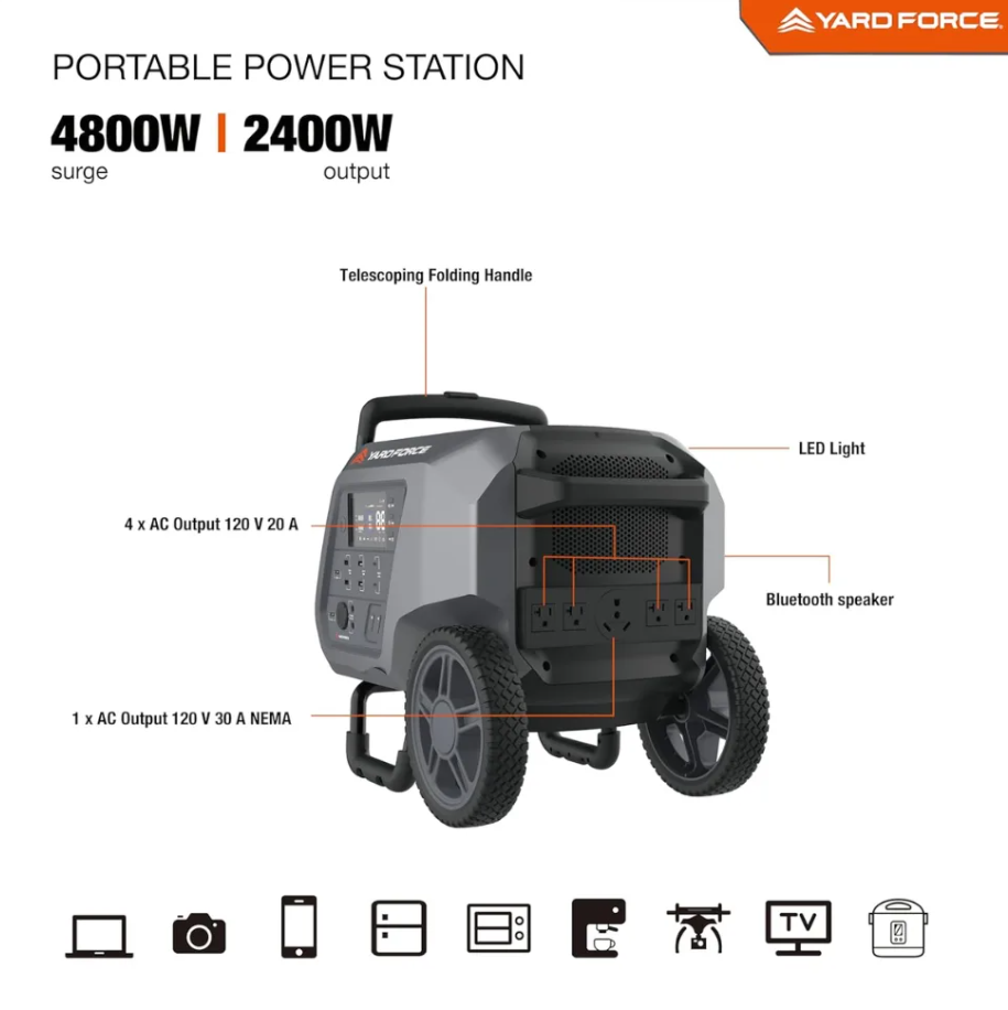 yard force portable power station 2400 watt continuous 4800 watt peak, bluetooth speaker, wifi connection, wireless charging, rv 30a plug, led light yard force portable power station 2400 watt continuous 4800 watt peak, bluetooth speaker, wifi connection, wireless charging, rv 30a plug, led light
