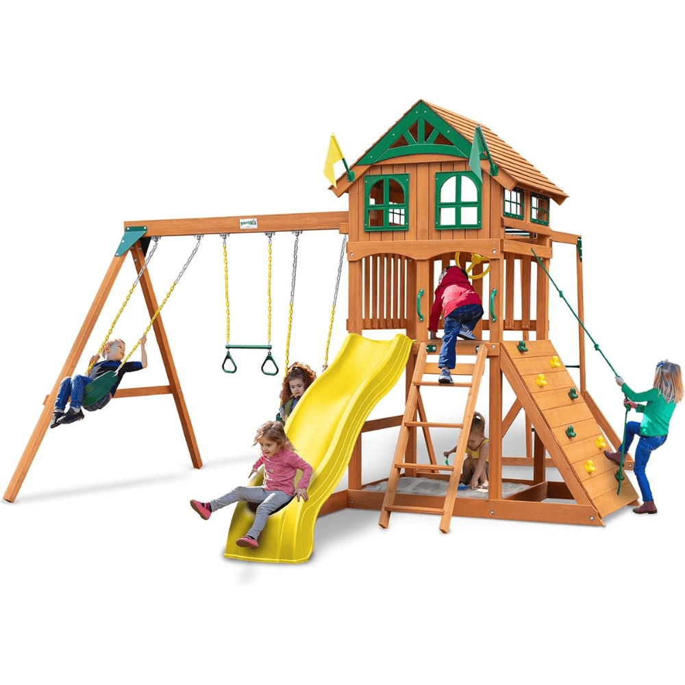 outing iii wooden outdoor playground with wood roof, monkey bars, slide, swings set, and backyard playset accessories outing iii wooden outdoor playground with wood roof, monkey bars, slide, swings set, and backyard playset accessories