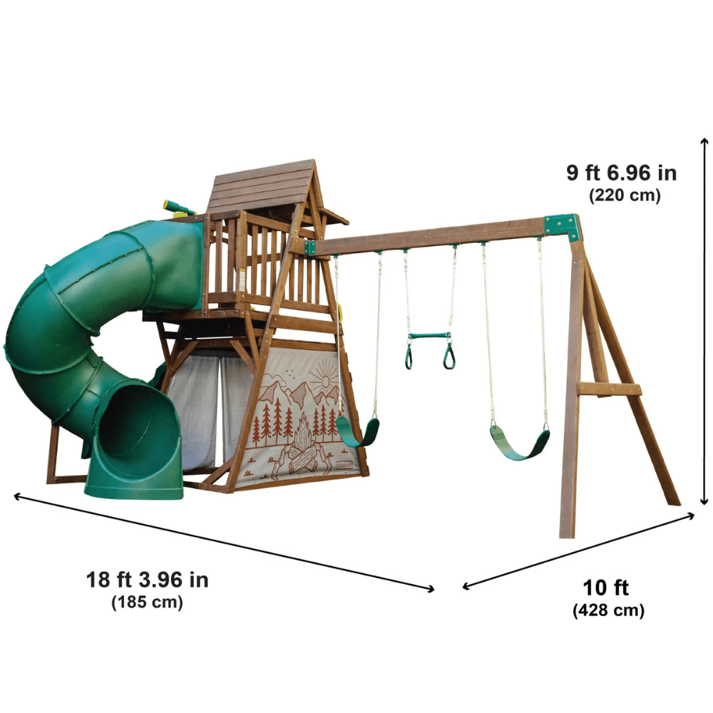 ranger retreat wooden swing set/playset with tent, tube slide and 3 swings ranger retreat wooden swing set/playset with tent, tube slide and 3 swings