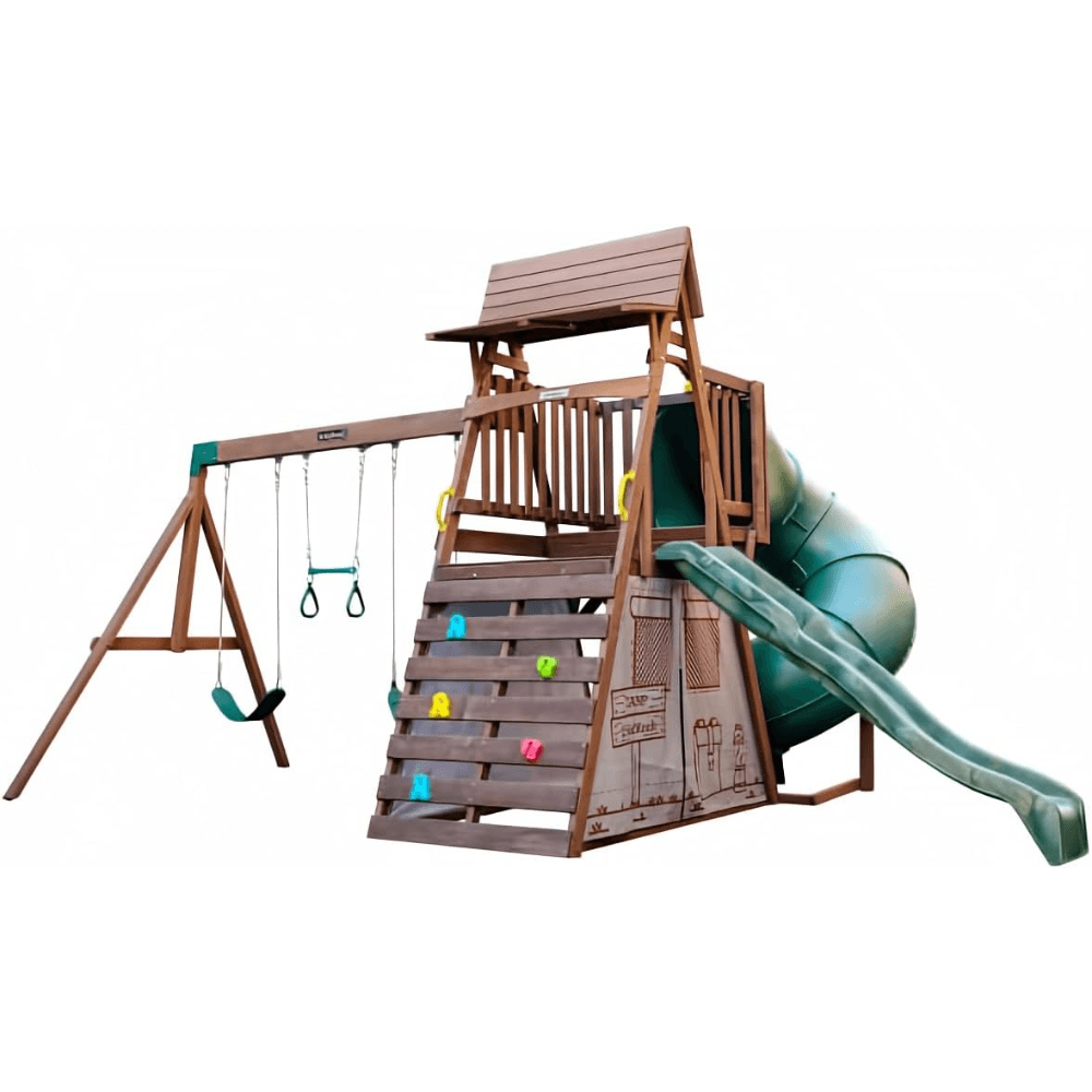 ranger retreat wooden swing set/playset with tent, tube slide and 3 swings ranger retreat wooden swing set/playset with tent, tube slide and 3 swings
