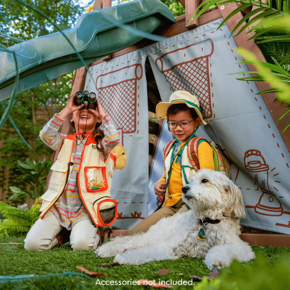 ranger retreat wooden swing set/playset with tent, tube slide and 3 swings ranger retreat wooden swing set/playset with tent, tube slide and 3 swings