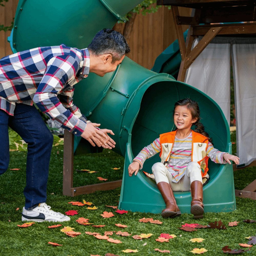 ranger retreat wooden swing set/playset with tent, tube slide and 3 swings ranger retreat wooden swing set/playset with tent, tube slide and 3 swings