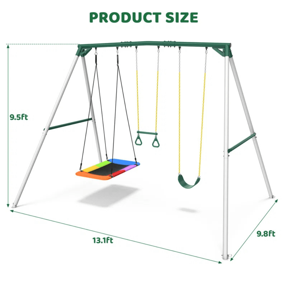 9.5′ heavy duty metal swing set with belt swing, trapeze bar 9.5′ heavy duty metal swing set with belt swing, trapeze bar