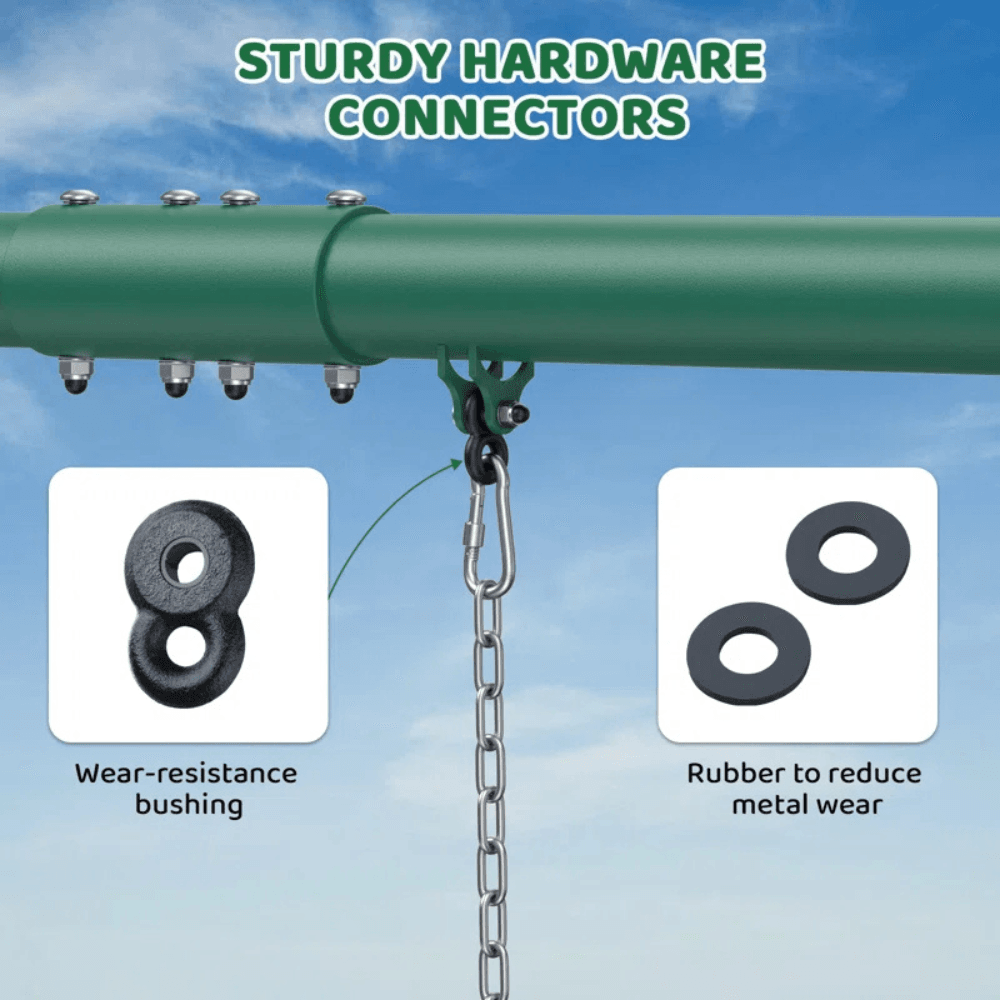 9.5′ heavy duty metal swing set with belt swing, trapeze bar 9.5′ heavy duty metal swing set with belt swing, trapeze bar