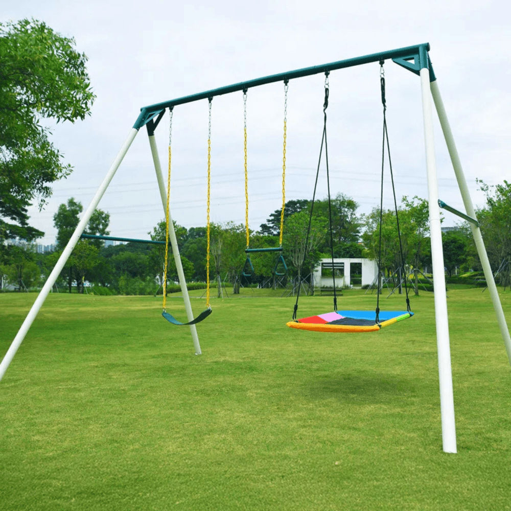 9.5′ heavy duty metal swing set with belt swing, trapeze bar 9.5′ heavy duty metal swing set with belt swing, trapeze bar