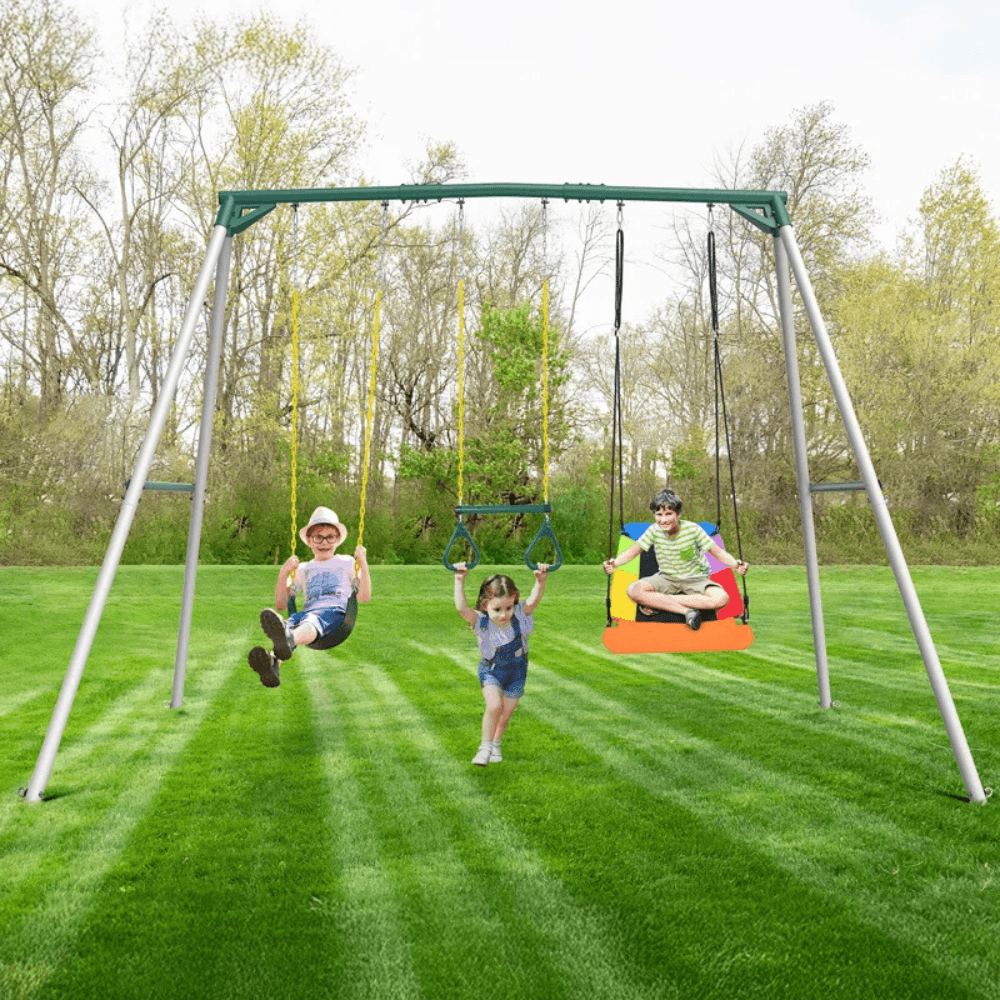 9.5′ heavy duty metal swing set with belt swing, trapeze bar 9.5′ heavy duty metal swing set with belt swing, trapeze bar