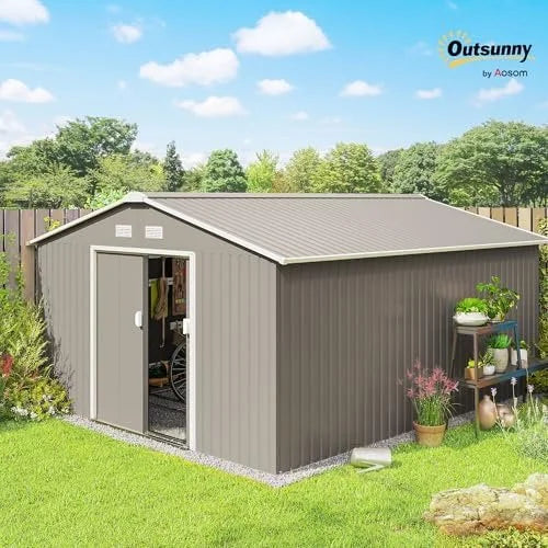 outsunny 11′ x 13′ outdoor storage shed, garden tool metal shed with foundation kit, double lockable door, air vents and slopings roofs, for backyard, patio, lawn, light grays outsunny 11′ x 13′ outdoor storage shed, garden tool metal shed with foundation kit, double lockable door, air vents and slopings roofs, for backyard, patio, lawn, light grays
