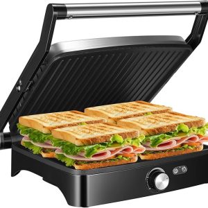 ostba panini press grill with adjustable temperature, 4 slice indoor grill, 180° open sandwich maker with drip tray, non stick plates, stainless steel, 1200w