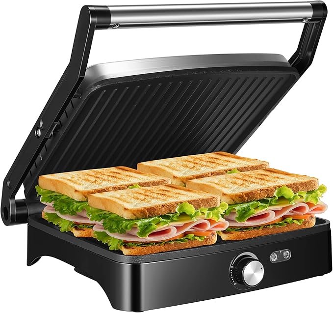 ostba panini press grill with adjustable temperature, 4 slice indoor grill, 180° open sandwich maker with drip tray, non stick plates, stainless steel, 1200w ostba panini press grill with adjustable temperature, 4 slice indoor grill, 180° open sandwich maker with drip tray, non stick plates, stainless steel, 1200w