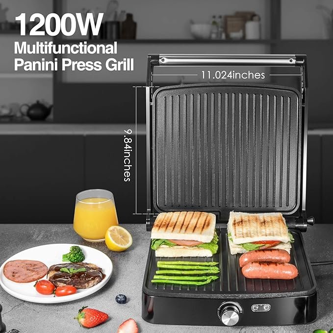ostba panini press grill with adjustable temperature, 4 slice indoor grill, 180° open sandwich maker with drip tray, non stick plates, stainless steel, 1200w ostba panini press grill with adjustable temperature, 4 slice indoor grill, 180° open sandwich maker with drip tray, non stick plates, stainless steel, 1200w