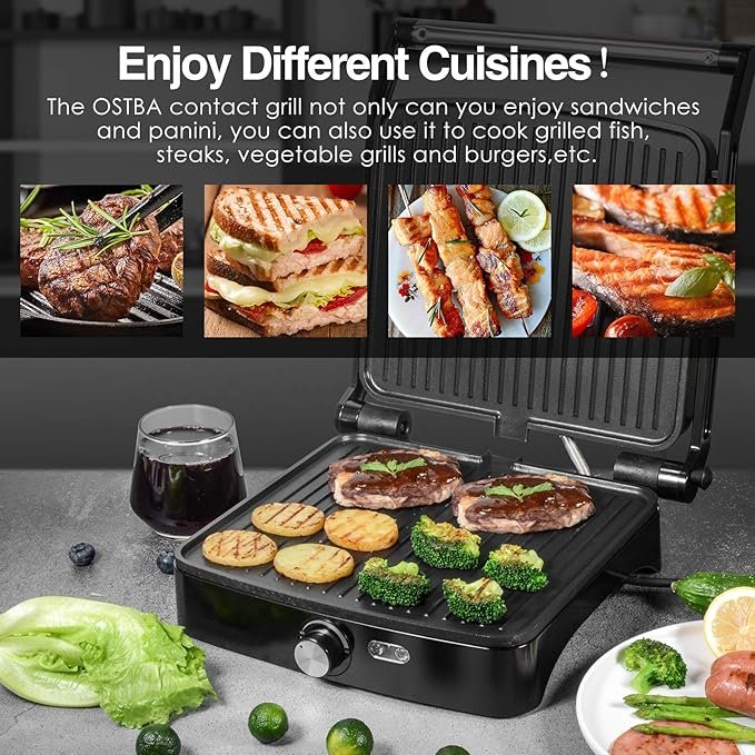 ostba panini press grill with adjustable temperature, 4 slice indoor grill, 180° open sandwich maker with drip tray, non stick plates, stainless steel, 1200w ostba panini press grill with adjustable temperature, 4 slice indoor grill, 180° open sandwich maker with drip tray, non stick plates, stainless steel, 1200w