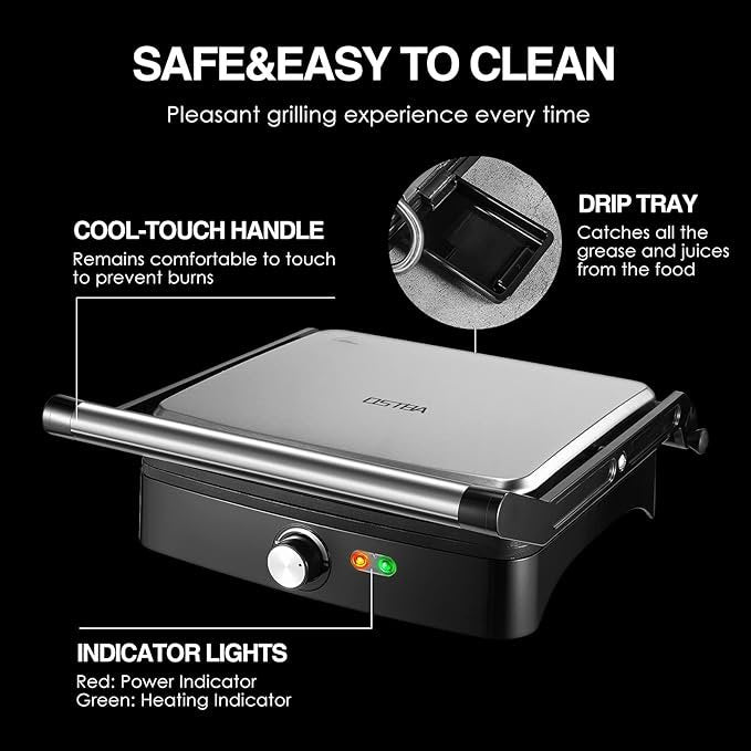 ostba panini press grill with adjustable temperature, 4 slice indoor grill, 180° open sandwich maker with drip tray, non stick plates, stainless steel, 1200w ostba panini press grill with adjustable temperature, 4 slice indoor grill, 180° open sandwich maker with drip tray, non stick plates, stainless steel, 1200w