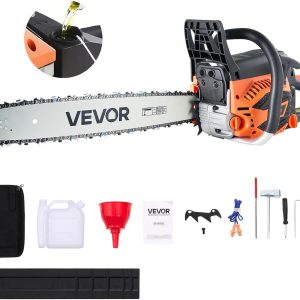 vevor 20 inch 62cc gas powered chainsaw, 3.8 hp 2 stroke engine gas chainsaw with non slip handle, dual fuel tanks, for wood cutting, tree trimming, and land clearing