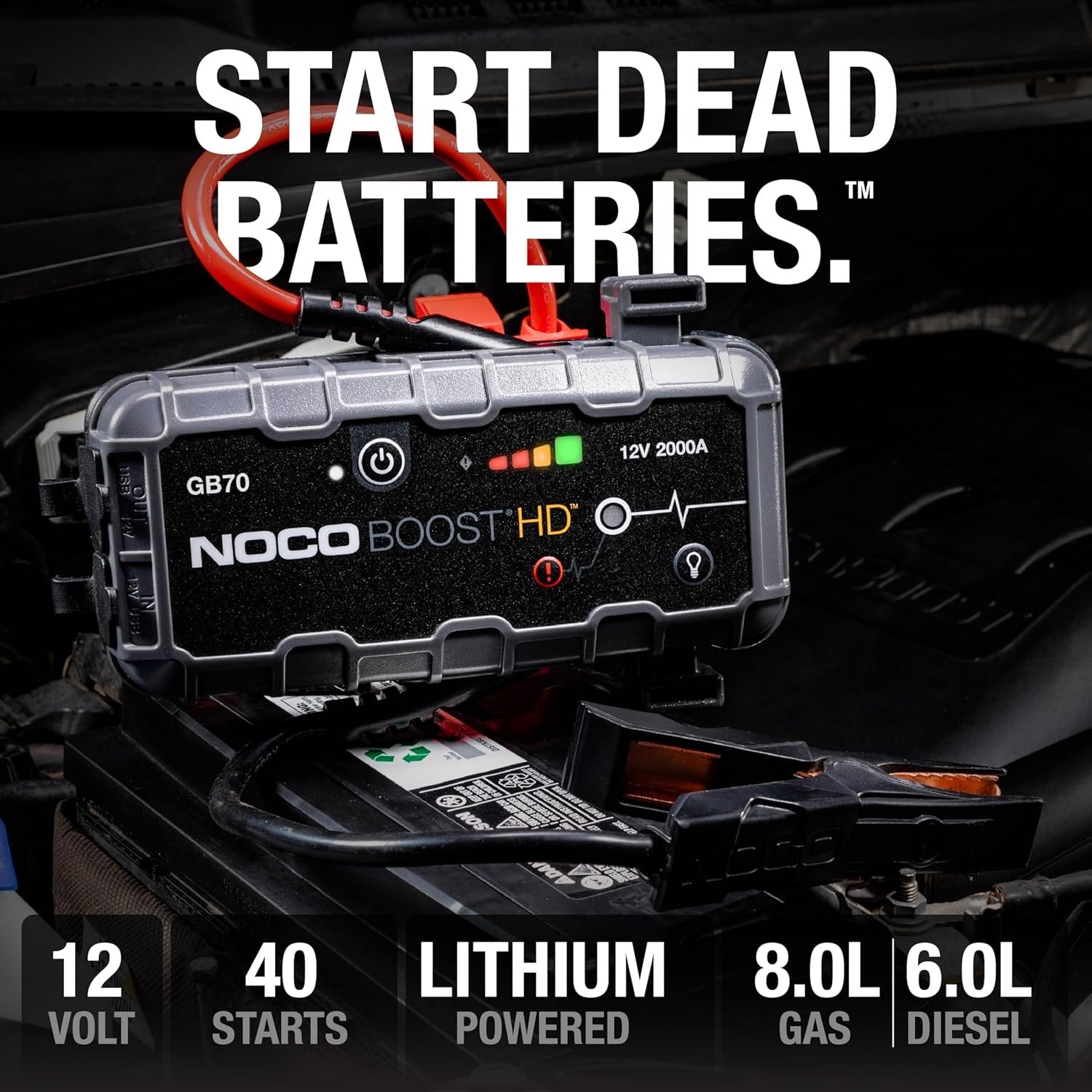 noco boost gb70: 2000a ultrasafe jump starter, 12v lithium battery booster pack, portable jump box, power bank & jumper cables, for 8.0l gas and 6.0l diesel engines noco boost gb70: 2000a ultrasafe jump starter, 12v lithium battery booster pack, portable jump box, power bank & jumper cables, for 8.0l gas and 6.0l diesel engines