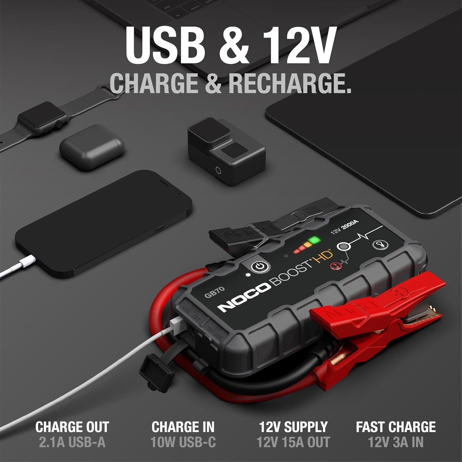 noco boost gb70: 2000a ultrasafe jump starter, 12v lithium battery booster pack, portable jump box, power bank & jumper cables, for 8.0l gas and 6.0l diesel engines noco boost gb70: 2000a ultrasafe jump starter, 12v lithium battery booster pack, portable jump box, power bank & jumper cables, for 8.0l gas and 6.0l diesel engines