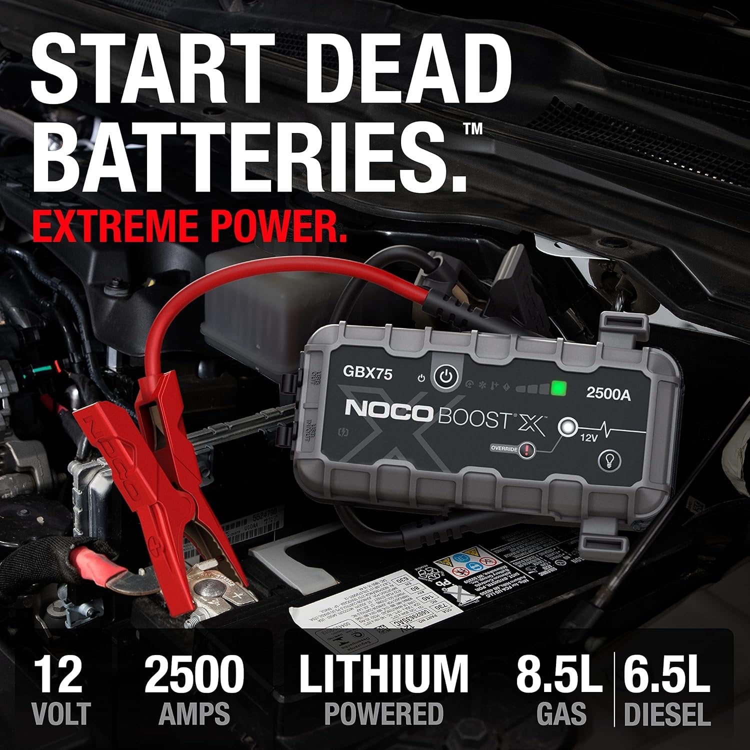 noco boost x gbx75: 2500a ultrasafe jump starter, 12v lithium battery booster pack, portable jump box, power bank & jumper cables, for 8.5l gas and 6.5l diesel engines noco boost x gbx75: 2500a ultrasafe jump starter, 12v lithium battery booster pack, portable jump box, power bank & jumper cables, for 8.5l gas and 6.5l diesel engines